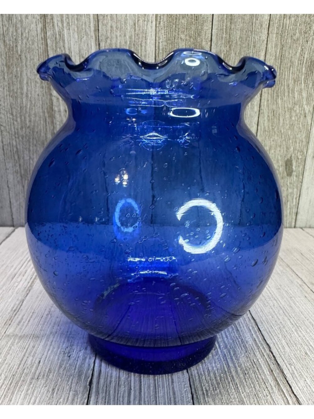 Vintage Cobalt Blue Bubble Glass Vase With Ruffled Collar 5.5" Tall Round Decor